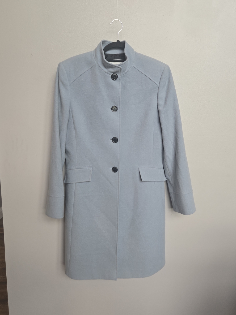 Tahari Womens Light Blue Stand Collar Single Breasted Wool Blend Coat Size 10